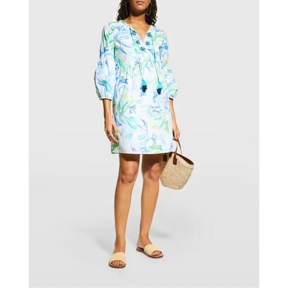 Tommy Bahama Sea Fronds Split-Neck Mini Dress Summer A-Line Small Tropical Palm - Picture 4 of 8